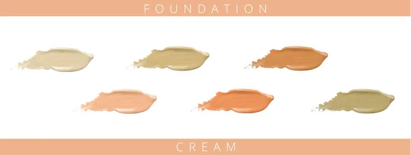 Kosmetische flüssige Foundation Creme in verschiedenen Farben mit Schmierabstrichen. Make-up Schmierereien isoliert auf weißem Hintergrund. — Stockvektor