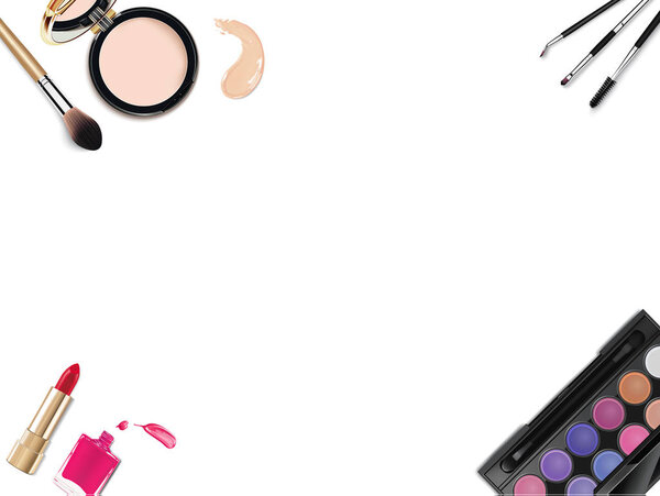 Top view of various make up accessories decorative cosmetics products. Workplace, cosmetics, lipstick, nail polish, mascara, face powder and eyeshadow on white background.