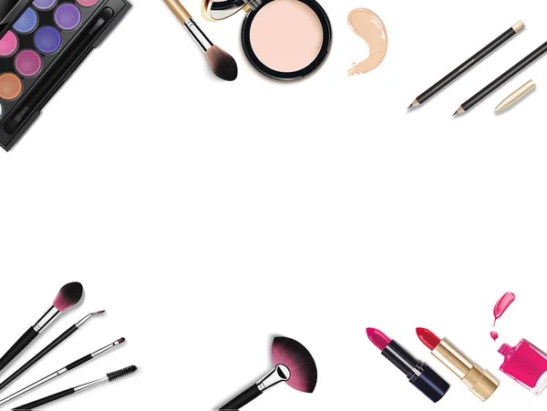 Bovenaanzicht van diverse make-up accessoires decoratieve cosmeticaproducten. Werkplek, cosmetica, lippenstift, nagellak, mascara, poeder en oogschaduw op witte achtergrond. — Stockvector