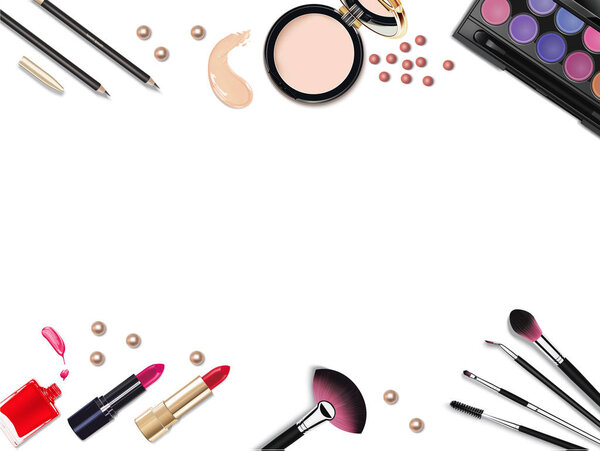 Top view of various make up accessories decorative cosmetics products. Workplace, cosmetics, lipstick, nail polish, mascara, face powder and eyeshadow on white background.