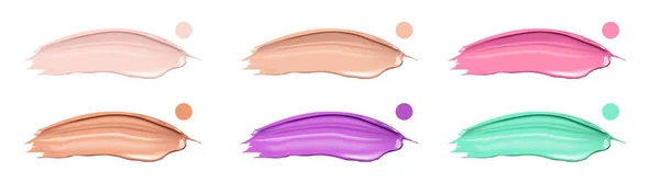 Verschiedene Abstriche von Lippenstift, Foundation oder Creme in verschiedenen Farben auf weißem Hintergrund. Schönheits- und Kosmetikelemente für Flyer, Banner, Faltblatt, Website. — Stockvektor