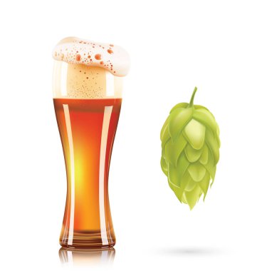 Bitki ve zarif bardak bira 3d vektör simgesi beyaz arka plan üzerinde izole hop. Bira foto-gerçekçi vektör çizim şerbetçiotu.