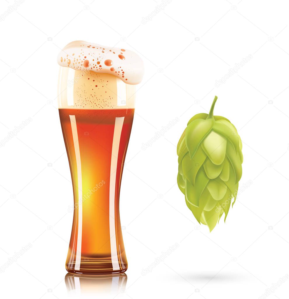 Hop plant and elegant glass of beer 3d vector icon isolated on white background. Hops beer photo-realistic vector illustration.
