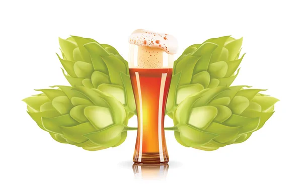 Chmelových rostlin a elegantní sklenice piva 3d vektorové ikony izolovaných na bílém pozadí. Chmel pivo fotorealistické vektorové ilustrace. — Stockový vektor