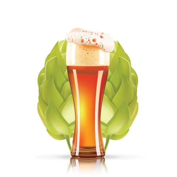 Chmelových rostlin a elegantní sklenice piva design 3d vektorové ikony izolovaných na bílém pozadí. Chmel pivo fotorealistické vektorové ilustrace. — Stockový vektor