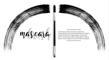 Vektör makyaj kozmetik rimel fırçası tasarım konsepti fırça darbesiyle. Gerçekçi rimel fırçası şablon metin beyaz zemin üzerine.