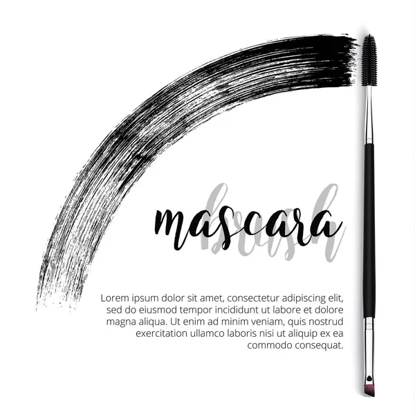 Concepto de diseño de cepillo de máscara cosmética de maquillaje vectorial con pincelada. Plantilla de cepillo de rímel realista sobre fondo blanco con texto . — Vector de stock