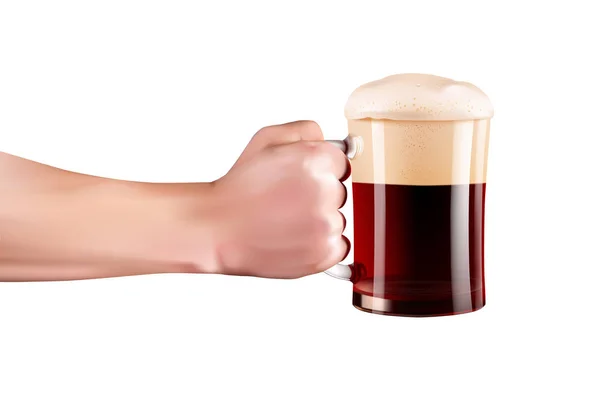 Mano sosteniendo un vaso de cerveza fría con espuma completa. Mano realista con cerveza sobre fondo blanco . — Vector de stock