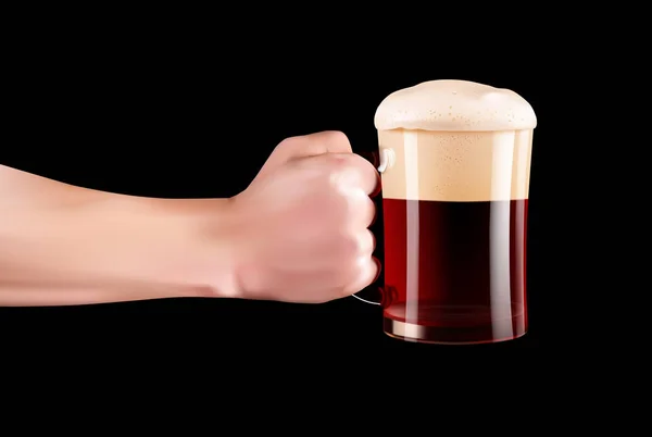 Hand hält er ein Glas kaltes Bier mit vollem Schaum. realistische Hand mit Bier auf schwarzem Hintergrund. — Stockvektor