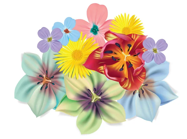 Hermoso ramo de flores. Vector flores de verano aisladas sobre fondo blanco. Flor para el diseño de flores. Manzanilla, tulipán, violetas — Vector de stock