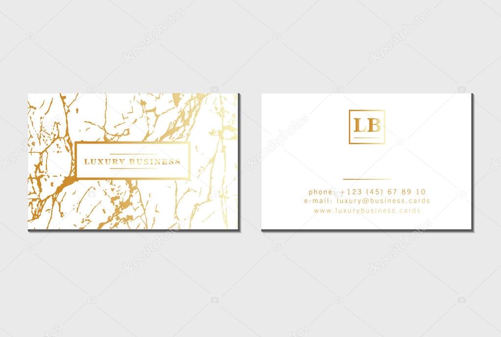 Luxury business cards vector template, banner and cover with marble texture and golden foil details on white background. Branding and identity graphic design.