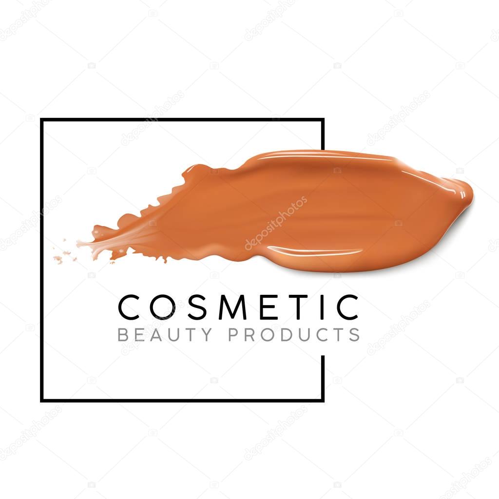 Makeup design template with place for text. Cosmetic Logo concept of liquid foundation and lipstick smear strokes