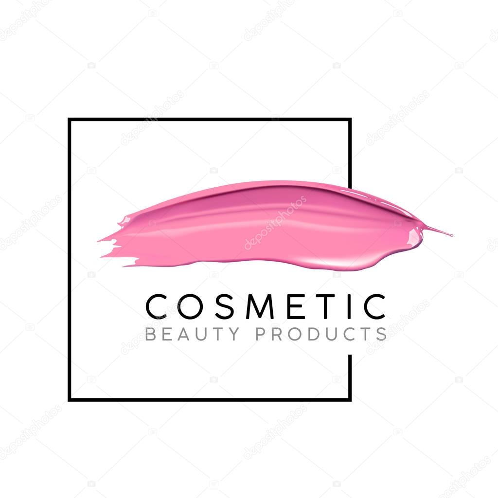 Makeup design template with place for text. Cosmetic Logo concept of liquid nail polish and lipstick smear strokes