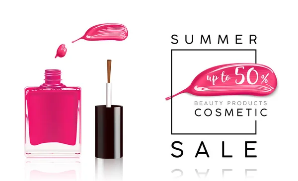 Banner de venda de cosméticos com esmalte de unhas e esfregaço rosa. Moda venda desconto ilustração — Vetor de Stock