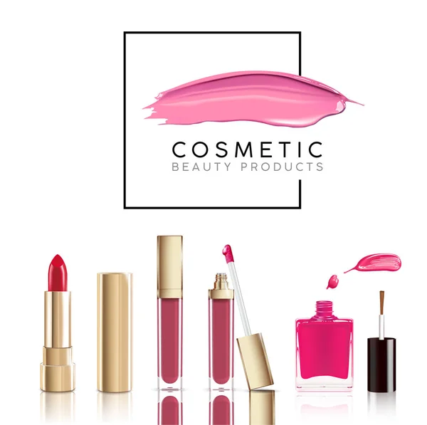 Belo conjunto cosmético em ouro. batom, brilho labial e esmalte com unha. Maquiagem realista vetor cosmético isolado no branco . — Vetor de Stock