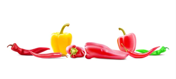 Különböző fajta csípős paprika, az összes szín, formák és méretek. Hideg peper ikonok. Vektor illusztrációk. — Stock Vector