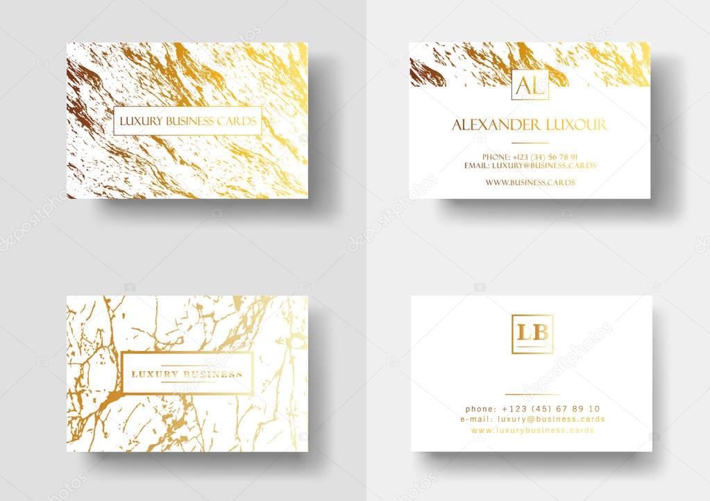 Elegant business cards with marble texture and gold detail vector template, banner or invitation with golden foil details on white background. Branding and identity graphic design.