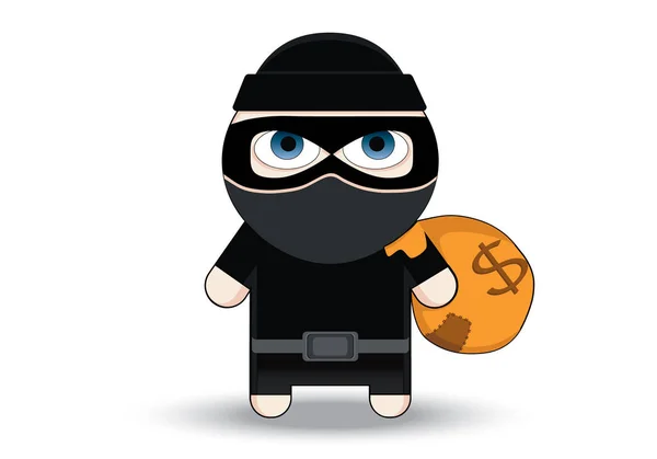 Thief Flat character design. Bandit with big bag. Robber in mask. Cartoon Vector Illustration. Thief in a mask sneaking with a sack — Stock Vector
