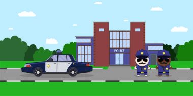 Amerikan polis memuru polis arabası ve arka planda polis departmanı. Düz stil vektör çizim.