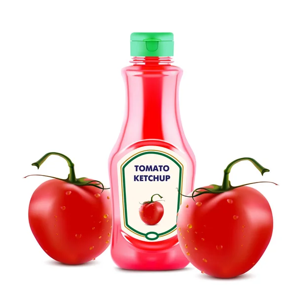 Frasco de ketchup com tomates frescos isolados em fundo branco, ilustração vetorial realista . — Vetor de Stock