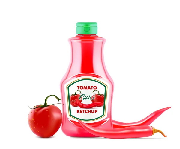 Пляшка кетчупу зі свіжими помідорами та червоним гострим перцем чилі на етикетці ізольована на білому тлі, реалістична Векторна ілюстрація — стоковий вектор
