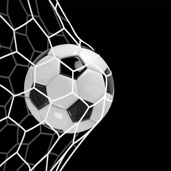 Bola de fútbol realista o pelota de fútbol en red sobre fondo negro. 3d estilo vector bola . — Vector de stock
