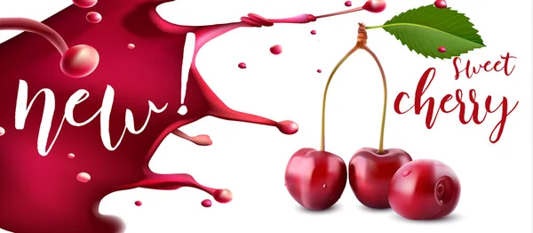 Sok wiśniowy. Świeże owoce wiśni z rozchlapać sok, 3d styl transparent wektor lub etykiety — Wektor stockowy