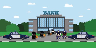Bir polis hırsız çalıntı çanta ile takip Illustration. Banka güvenlik görevlisi güvenlik Finans hizmeti. Kamyon, Şerif s Araba zırhlı ve 2d toplayıcı karakter karikatür.