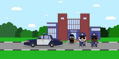 Illustration of a Policeman Chasing a Thief with Stolen Bag. police station. Sheriff s car and Cartoon 2d Collector characters. clipart