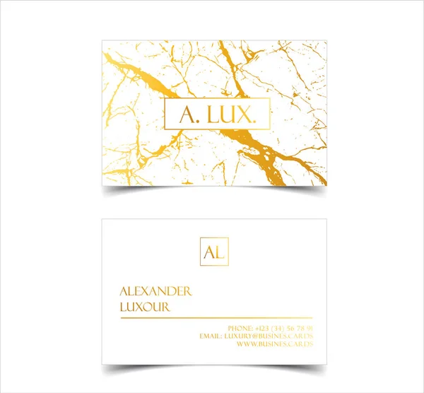 Elegantes tarjetas de visita de lujo blanco con textura de mármol y oro detalle plantilla vectorial, pancarta o invitación con detalles de lámina de oro. Branding y diseño gráfico de identidad — Vector de stock