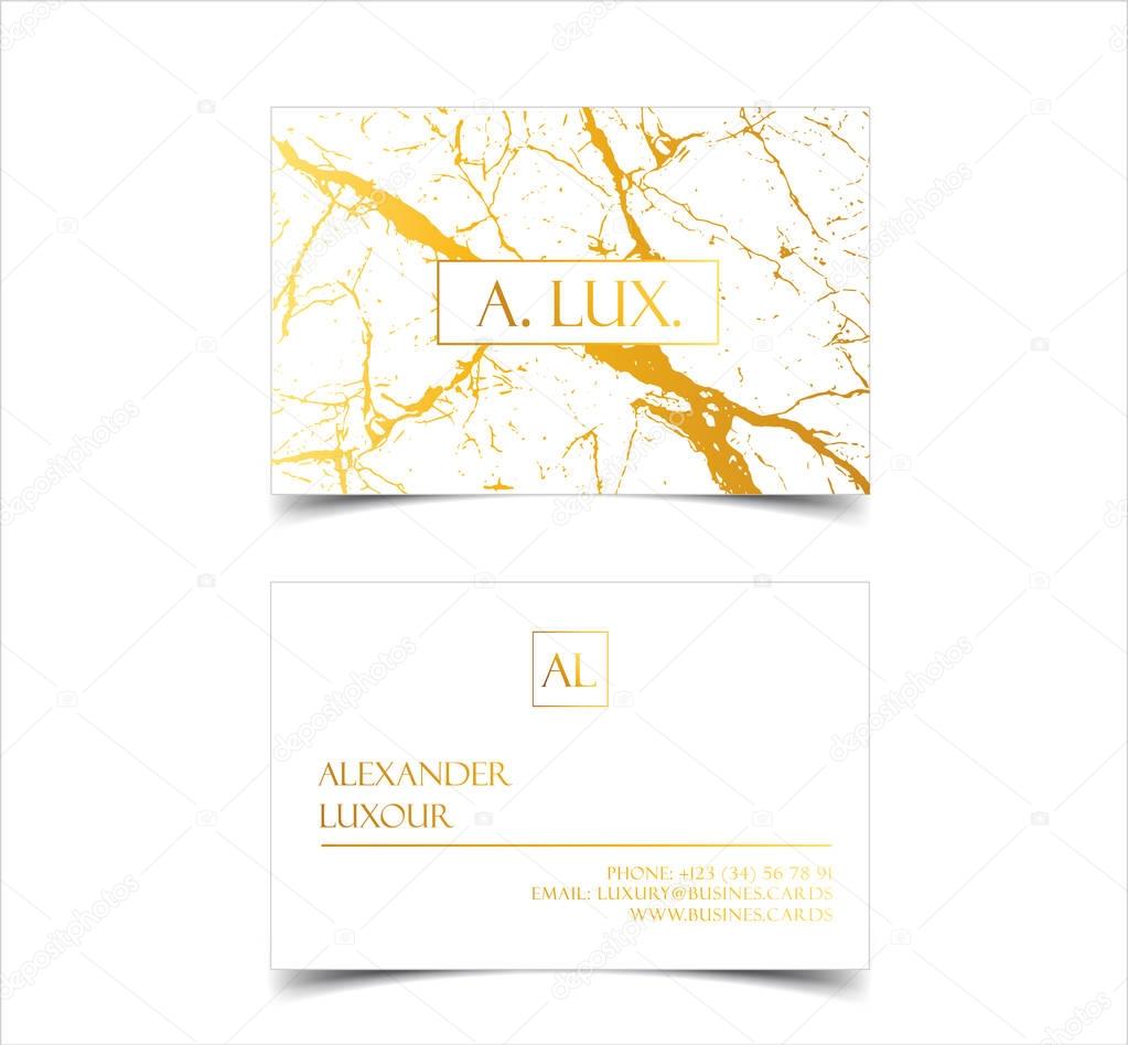 Elegant white luxury business cards with marble texture and gold detail vector template, banner or invitation with golden foil details. Branding and identity graphic design