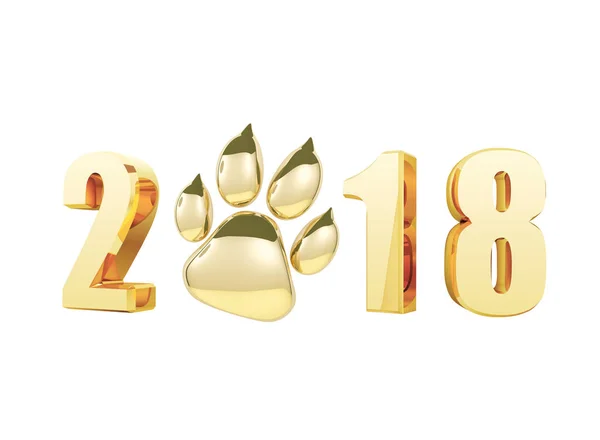 2018 frohes neues jahr in gold und glden paw print symbol isoliert auf weißem hintergrund. Hund Pfote Fußabdruck 3D-Rendering. — Stockfoto