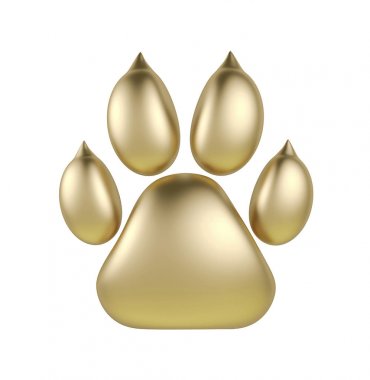 Golden pençe baskı logo veya beyaz arka plan üzerinde izole simgesi. Köpek pençe ayak izi logo 3d render. Köpek yılı