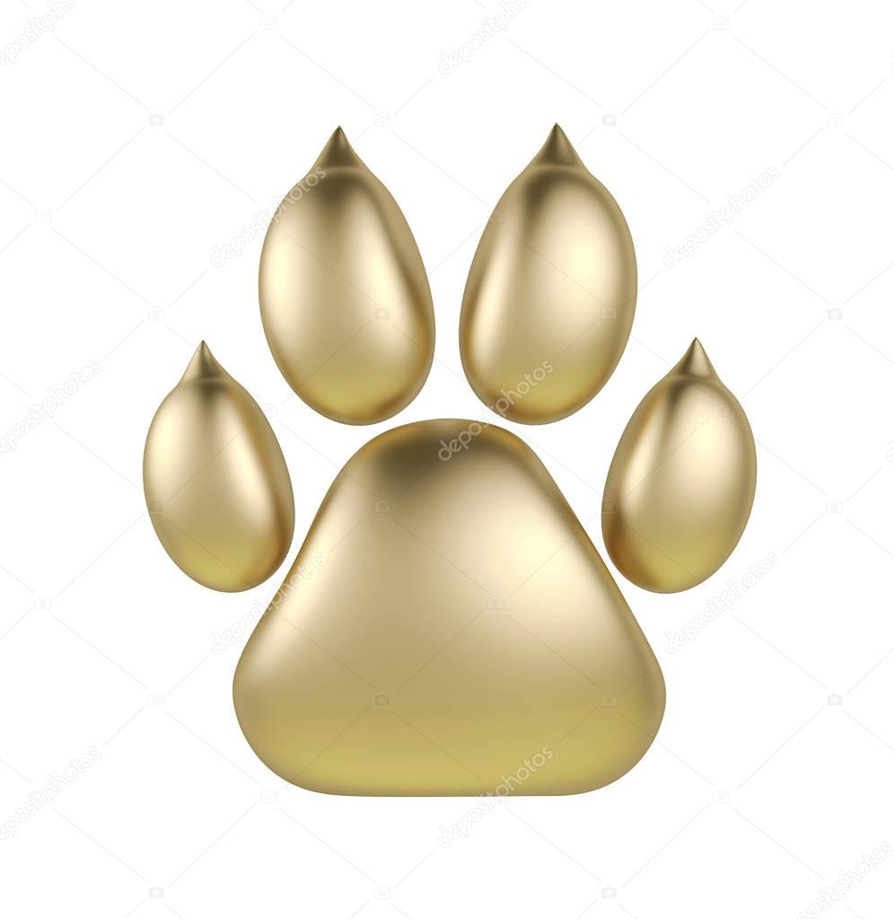 Golden paw print logotype or icon isolated on white background. Dog paw footprint logo 3d rendering. Year of Dog.