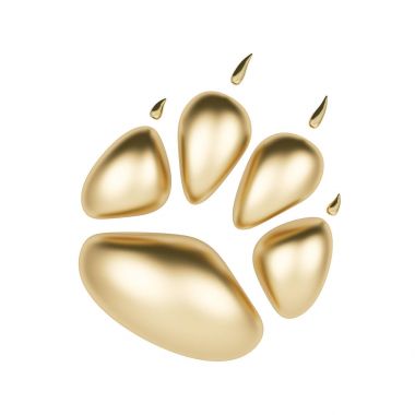 Golden pençe baskı logo veya beyaz arka plan üzerinde izole simgesi. Köpek pençe ayak izi logo 3d render. Köpek yılı
