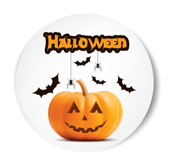 Pompoen Halloween glimlachend vector witte sticker lettertype. Illustratie voor wenskaarten en uitnodiging voor feest, affiches, etiketten, banners — Stockvector