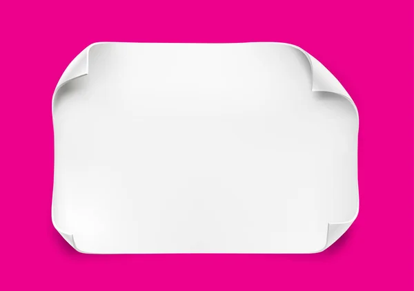 Feuille de papier réaliste blanc avec des coins incurvés et une ombre douce sur fond rose. Illustration vectorielle. Cadre en papier pour texte — Image vectorielle
