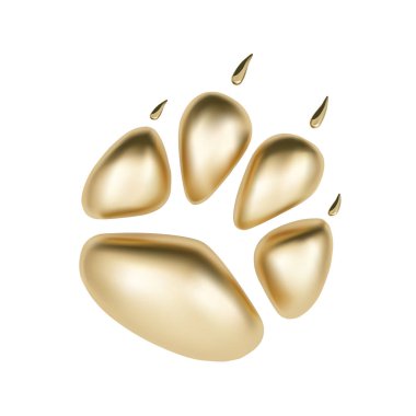 Vektör altın 3d baskı hayvan logo veya beyaz arka plan üzerinde izole simgesi, pençe. Köpek pençe ayak izi logosunu görmeniz gerekir. Köpek 2018 yıl