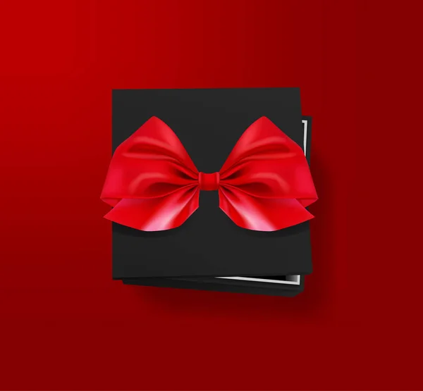 Caja de regalo negra abierta con lazo rojo sobre fondo rojo. Vista superior. Plantilla para su diseño de presentación, banner, folleto o póster. Ilustración vectorial . — Archivo Imágenes Vectoriales