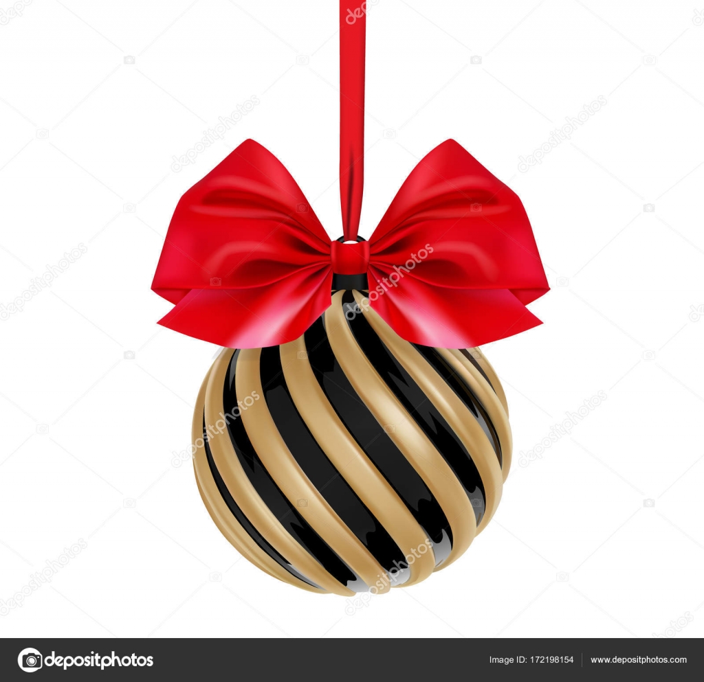 Christmas Ball In Black And Gold Color With Red Bow And Ribbon