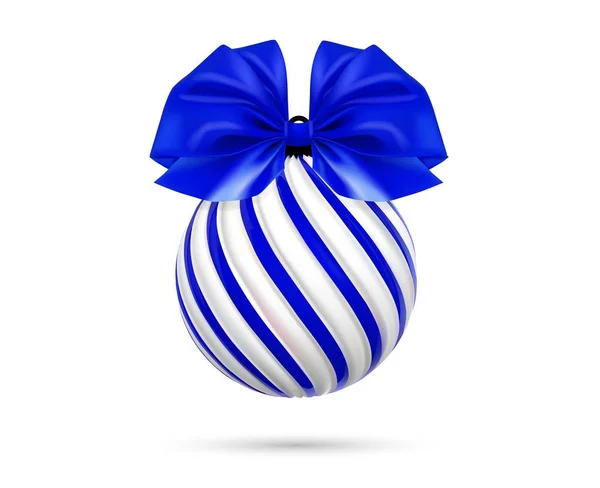 Boule de Noël vectorielle bleue avec arc bleu et ruban. Boule d'arbre de Noël torsadée sur fond blanc — Image vectorielle