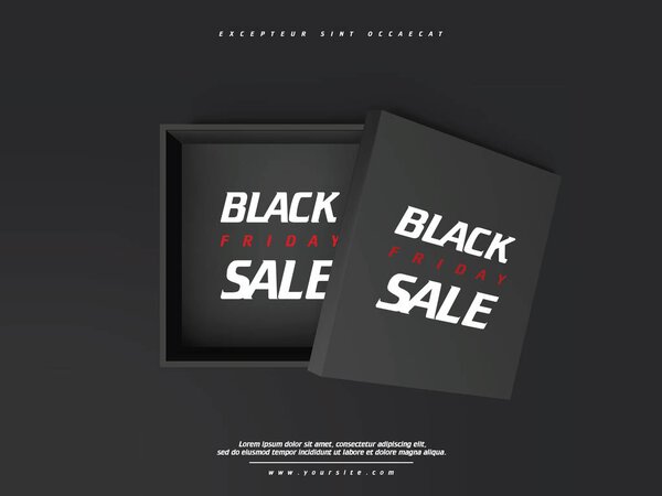 Реалистичный черный торговый ящик с надписью Черная пятница. Знамя черной пятницы. Векторная иллюстрация. Изолирован на белом. Открыть черный пустой пакет бумаги или коробку
