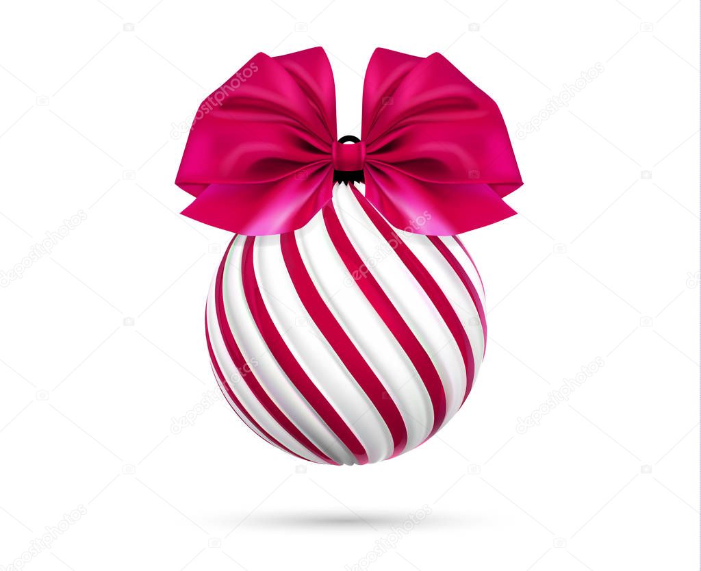 Vector christmas ball in white and pink color with red bow and ribbon. Twisted christmas tree ball on white background