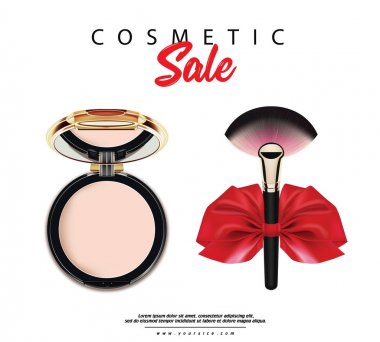 Beyaz arka plan üzerinde izole fırça ve kırmızı kurdele yay ve toz durumda makyaj ile kozmetik satışı büyük başlığı