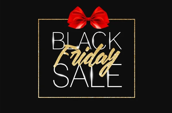 Black Friday Sale Banner de Oro Fondo Negro de Lujo y Lazo Rojo con Confetti Grainy Sparkle. Plantilla de póster de oro de publicidad para el viernes negro. Ilustración vectorial — Vector de stock