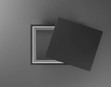 Boş kutu koyu gri arka plan üzerinde sahte kadar siyah. Üstten Görünüm. Sunum tasarım, afiş, broşür veya poster için şablon. Vektör çizim