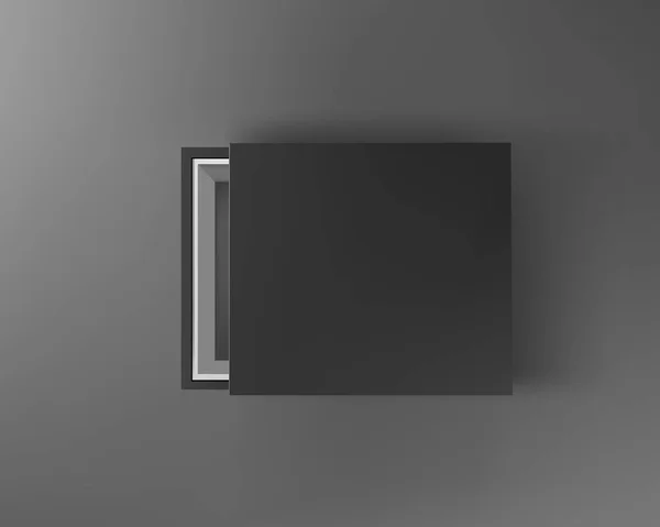 Zwarte lege doos mock up op donkere grijze achtergrond. Bovenaanzicht. Sjabloon voor uw presentatieontwerp, spandoek, brochure of poster. Vectorillustratie — Stockvector