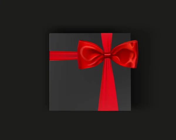 Caja de regalo en blanco y negro con cinta roja y lazo. Vector maqueta de caja — Vector de stock