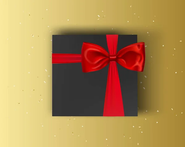 Blank, black gift box with red ribbon and bow on gold background. Vector mock up box — Stock Vector