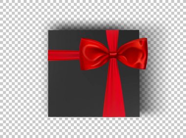 Siyah kare karton kutu kırmızı kurdele ve şeffaf arka plan, üstten görünüm pruvada. Mockup kutusunu tasarım ürünleri, paketi, marka, reklam